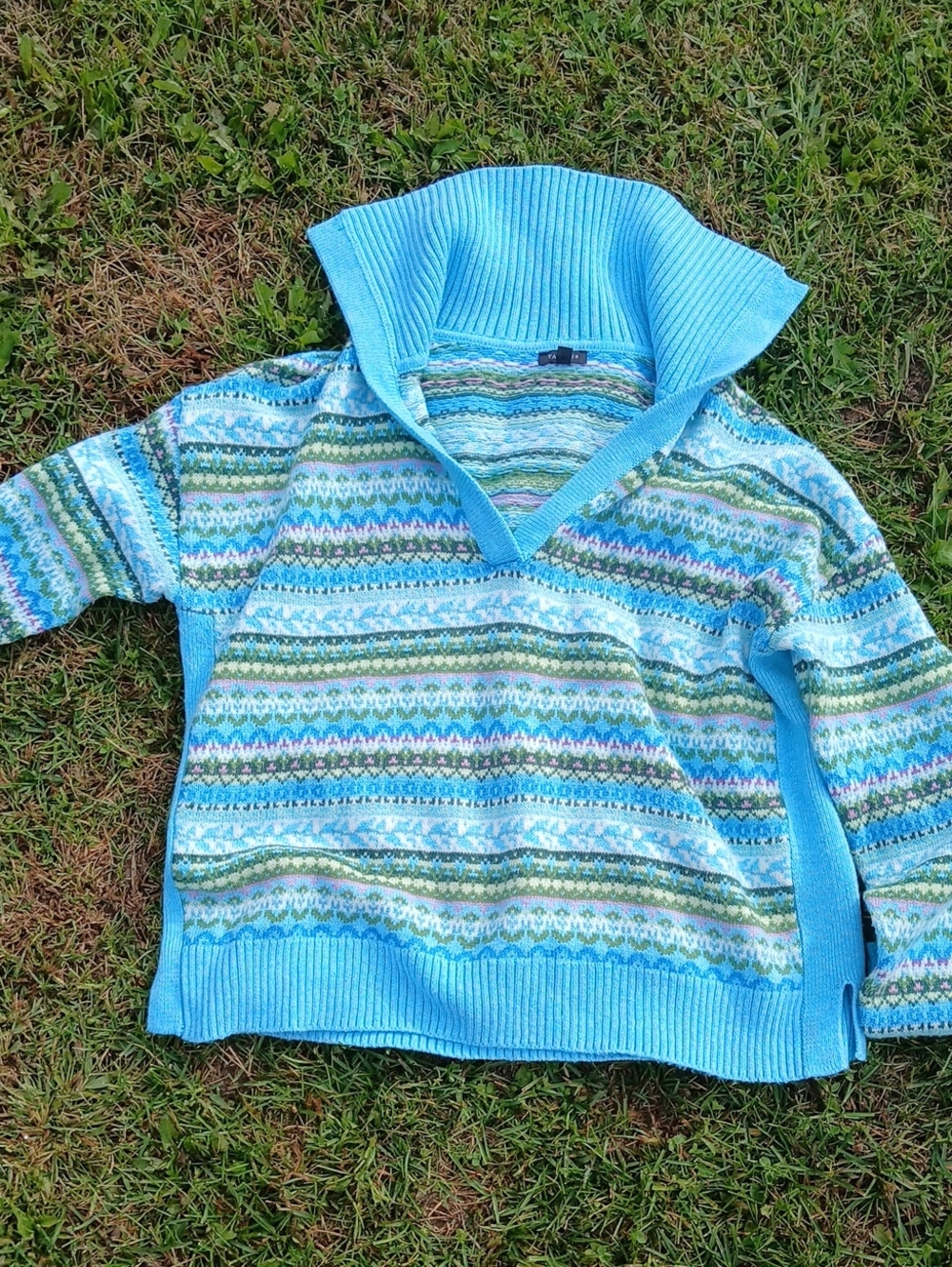 GUC Talbots Johnny Collar Blue Patterned Multicolored Sweater with Shawl